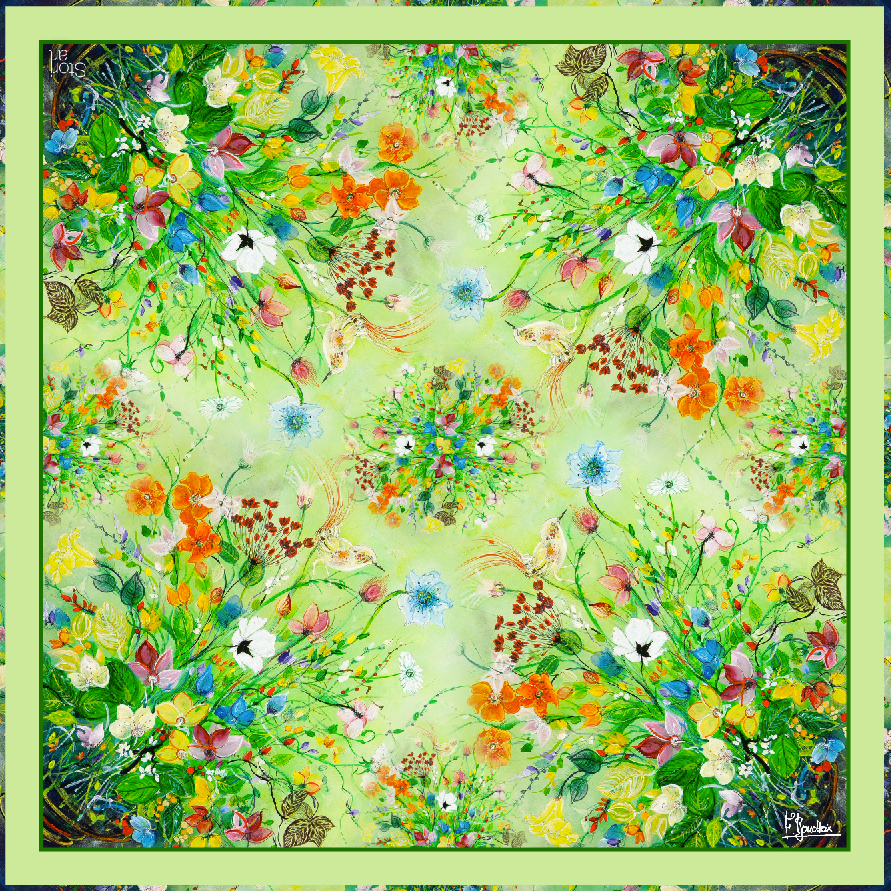 100% silk square "Bouquet vert"